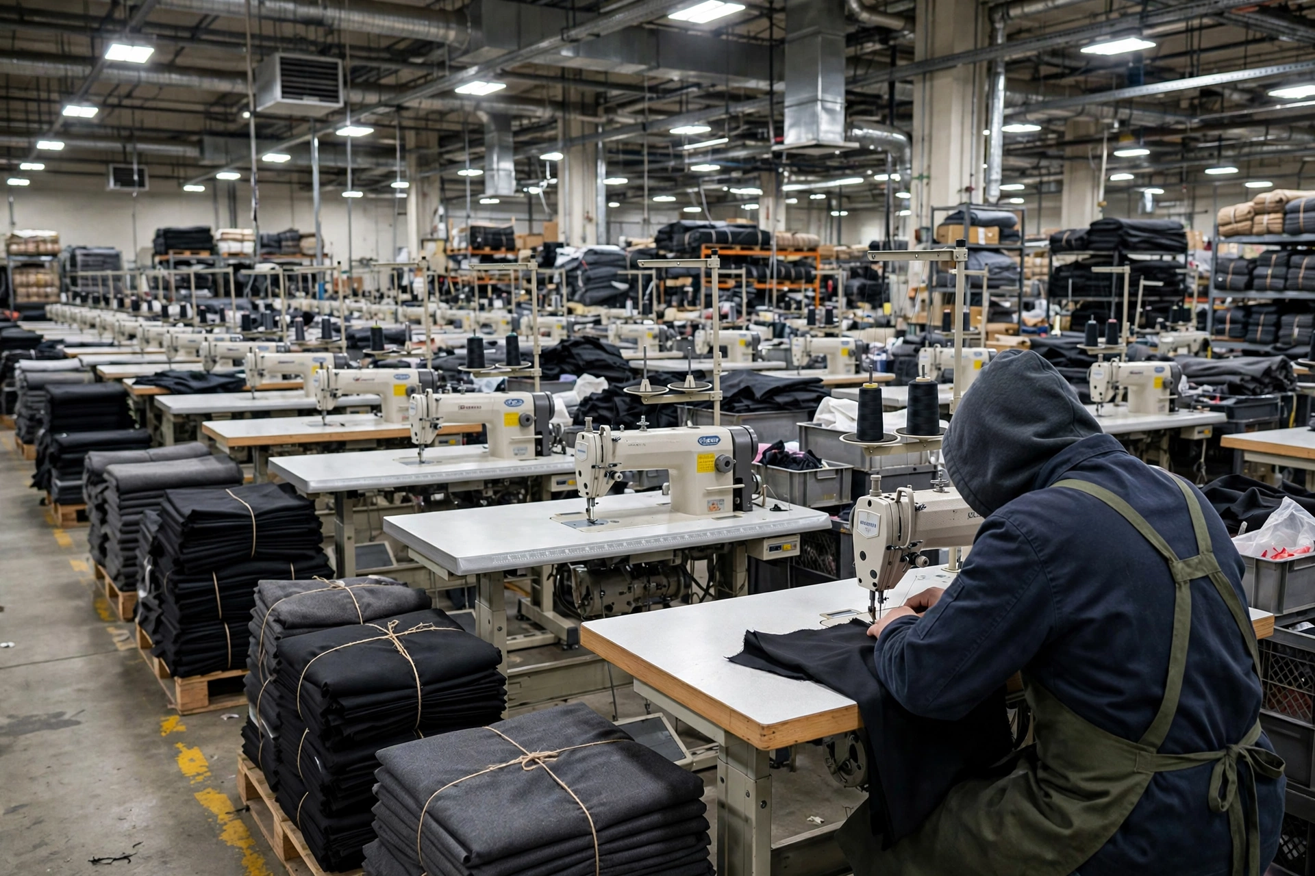Garment factory sewing floor — machinist operating an industrial sewing machine, Dongguan Qianlong Garment
