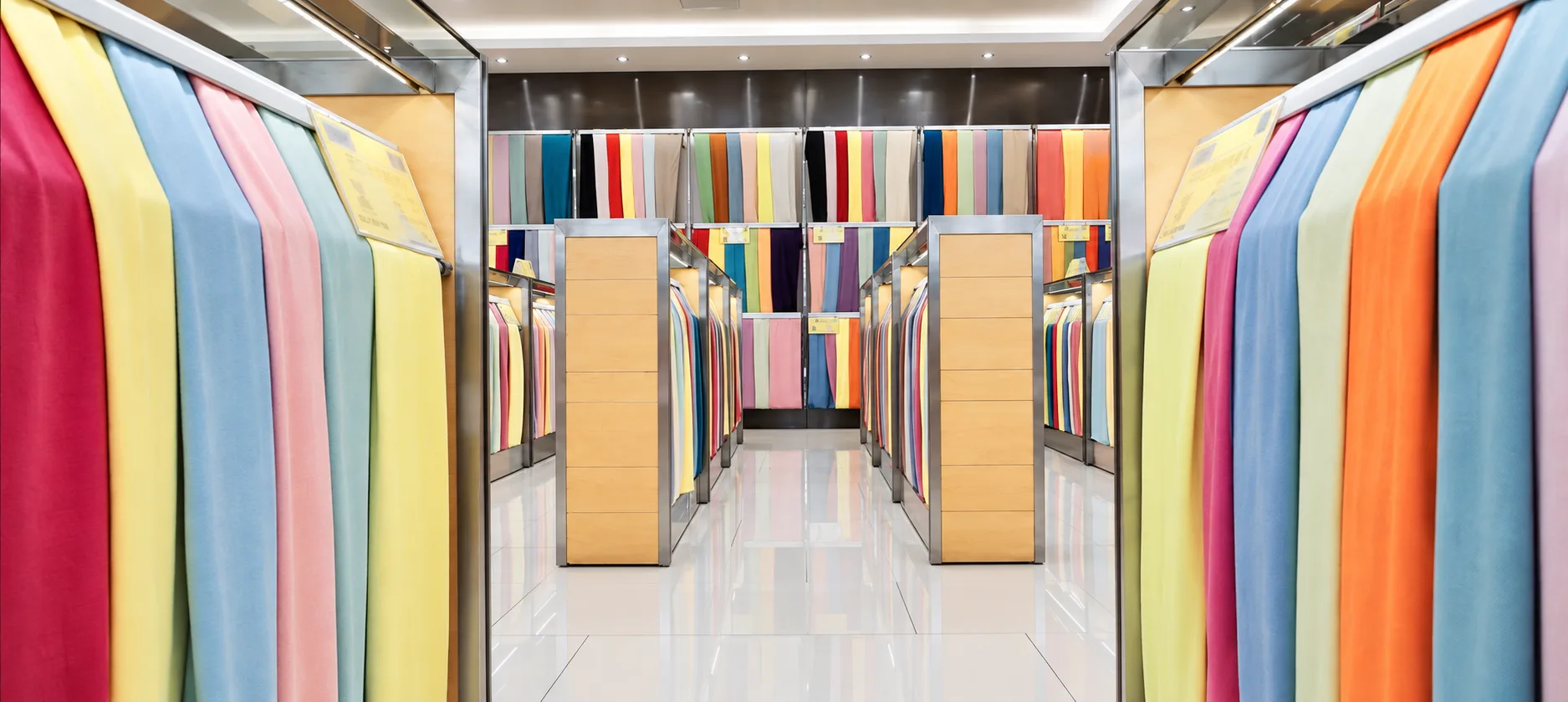 Fabric showroom with hanging rolls